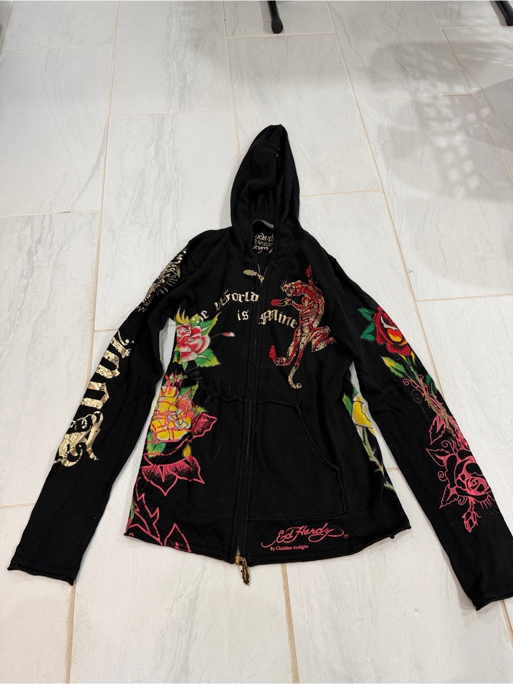 Ed Hardy Black Hoodie with Multicolor Tattoo Graphics Size L